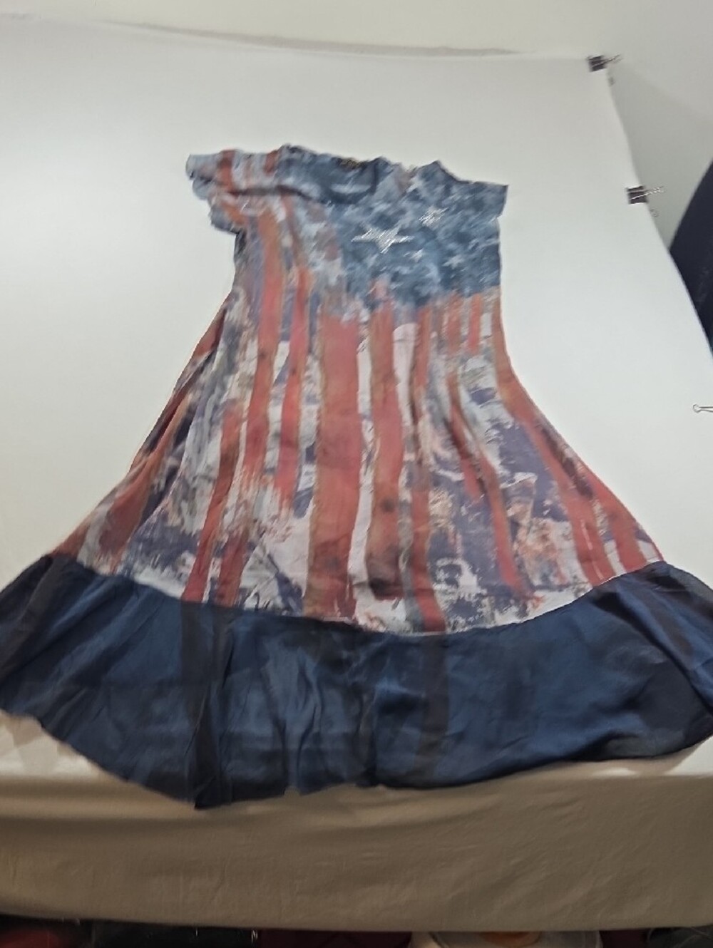 Patriotic America Maxi Dress Red White Blue Rhinestone Star V-Neck Ruffled Hem - Picture 10 of 11